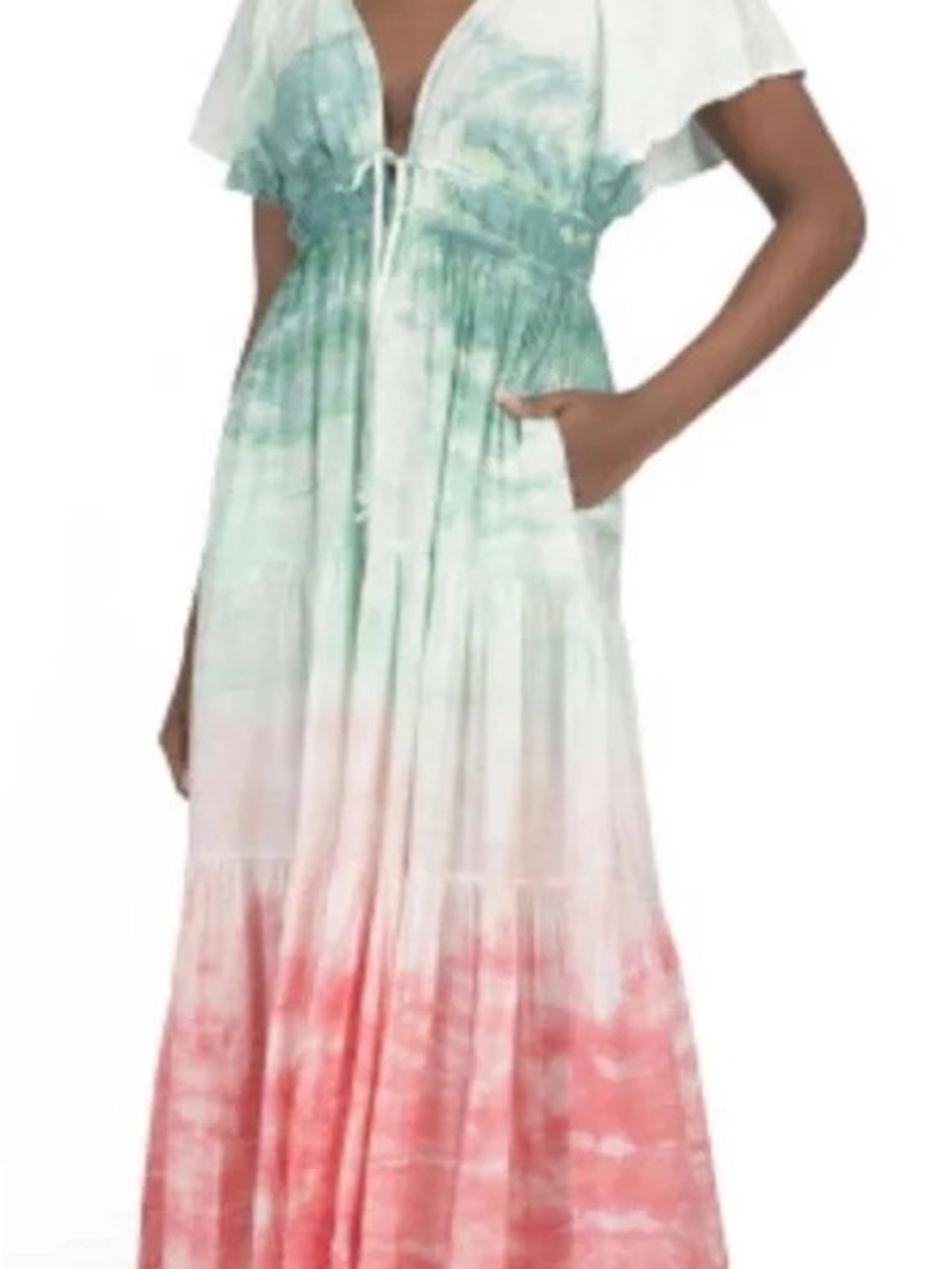 YFB Mara Flutter Sleeve Deep V-Neck Maxi Dress  EVERGLADE PAINT BRUSH WASH M